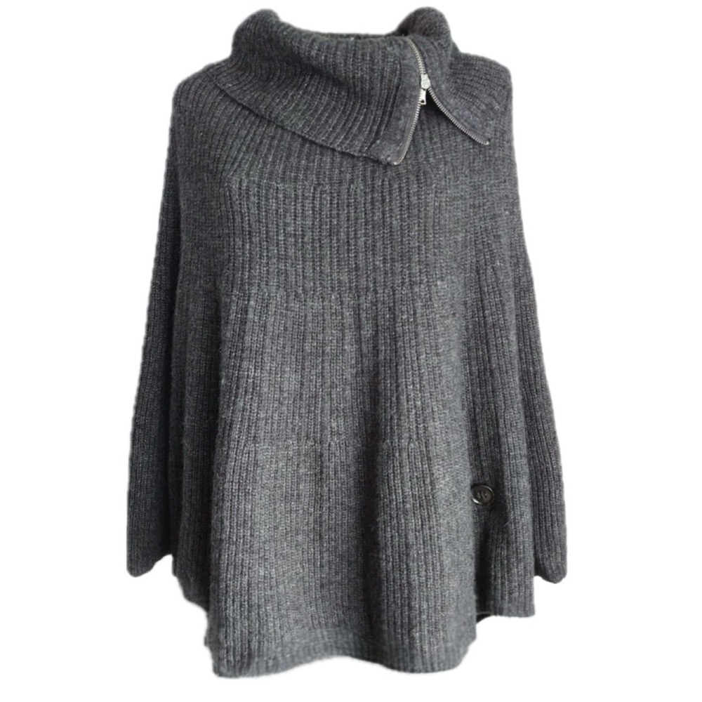 🧥🌫️ GAP Wool Blend Knit Poncho Cape Zip Funnel Neck Gray Women's M/L